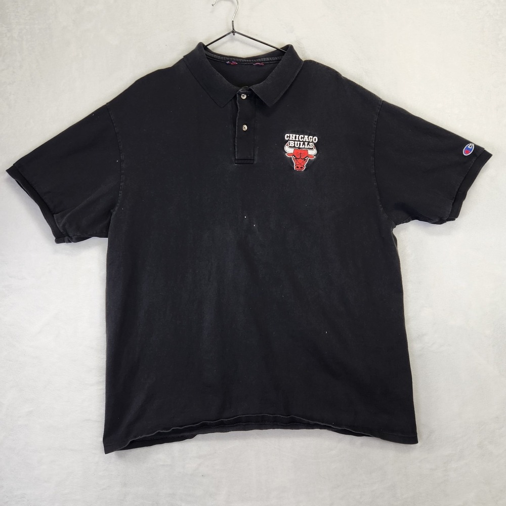 Vtg Champion‎ Chicago Bulls Polo Black Embroidered Logo Men's XL Fade 90s